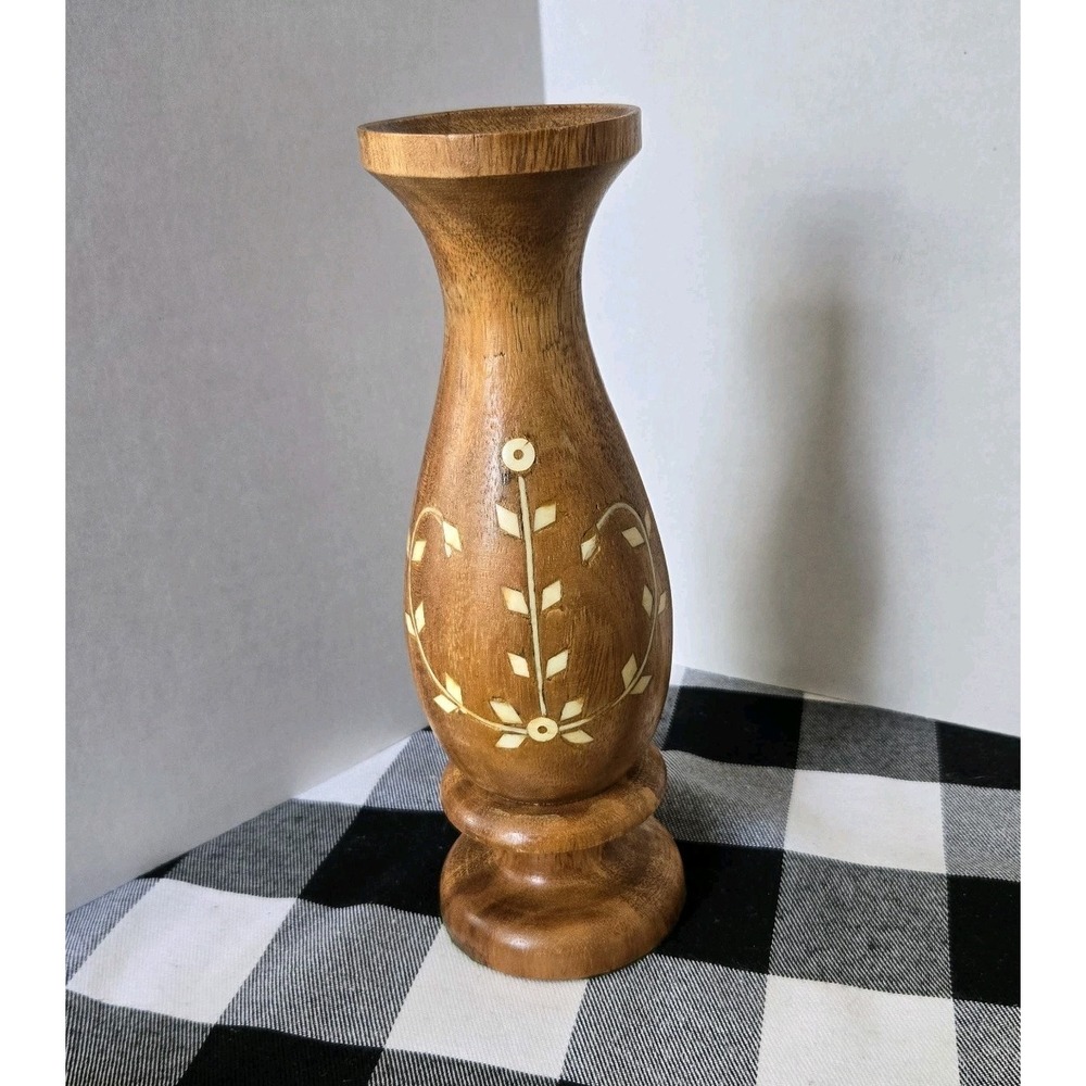 Carved Wooden Bud Vase With Floral Design Inlay Felt Bottom 9" Tall, 3 " Wide